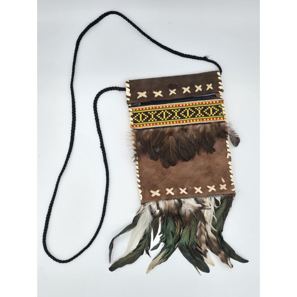 Hand Stitched Native American Medicine Shoulder Zipper Pouch W/ Peacock Feathers